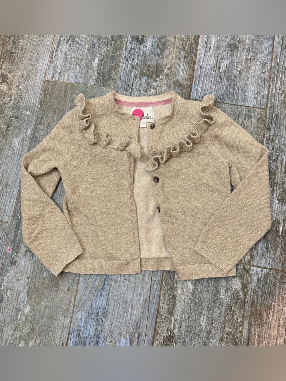 Mini Boden Beige Ruffle-Trim Cardigan with metallic weave